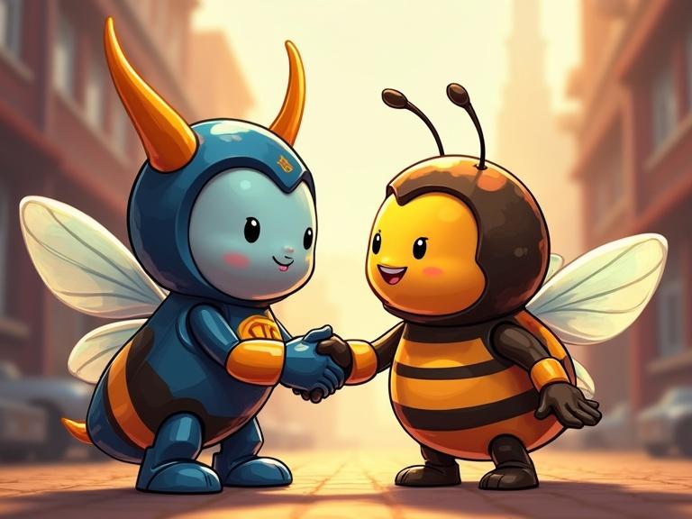 Two cartoon bees shake hands. One is blue with horns and the other is classic bee striped. They have friendly expressions. The background is a cityscape with warm lighting. The style is similar to Pixar and Disney animations.