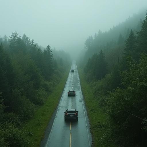 A realistic aerial view of a country road in cloudy weather. The road is overgrown with vegetation. Two broken down cars are visible on the road.