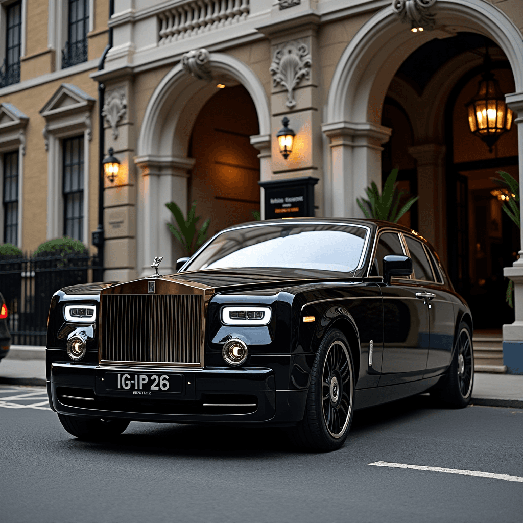 A sleek black luxury car is parked in front of an elegant building with classical architecture, featuring arched entrances and ornate lighting.