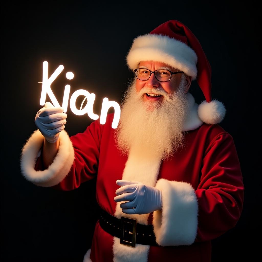 Image of Santa Claus in traditional red and white suit. He holds a glow stick spelling 'Kian'. Santa has a jolly expression. The background is dark, enhancing the glow. Scene captures Christmas magic and joy.