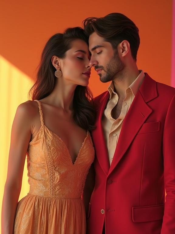 Vogue photoshoot with a stylish couple showcasing elegant fashion. The couple wears vibrant attire set against a vivid backdrop. The composition reflects Wes Anderson's distinctive style with pastel tones and artistic flair.