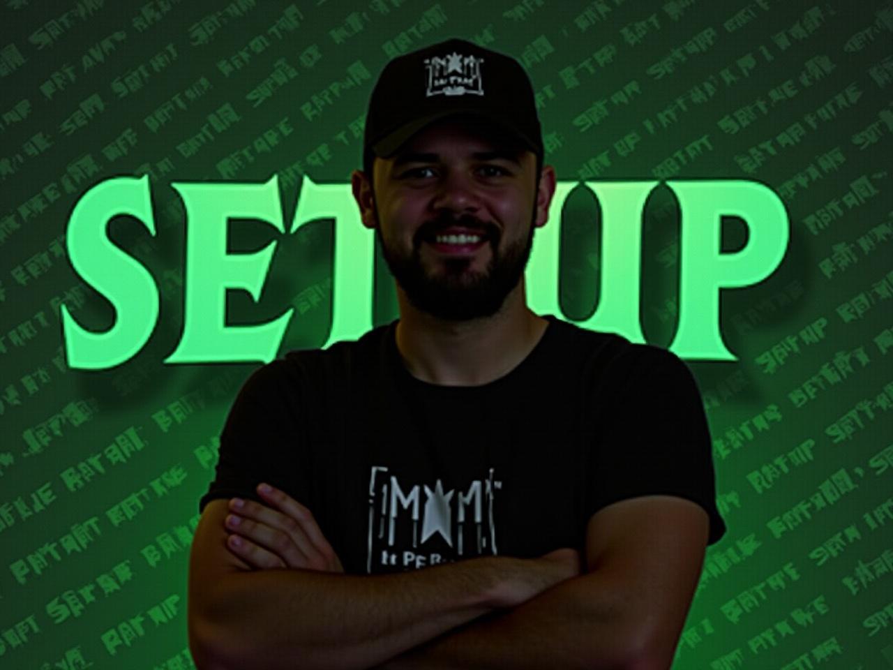 The image features a person standing in front of an artistic background. The background includes the repeated word 'SETUP' and the word 'IMPAKT' prominently displayed. The individual is wearing a black cap with a logo on it and has their arms crossed. The colors used in the background are mainly shades of green and black, creating a dynamic look. The face of the person is obscured, ensuring anonymity. Overall, the composition suggests a focus on setups, possibly in a gaming or tech context.