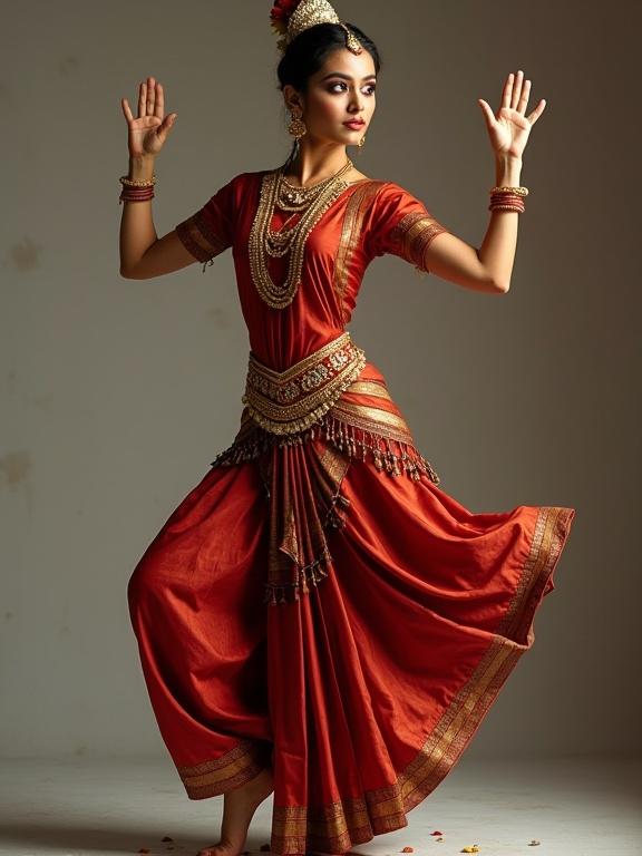 A full-body portrait of a young Indian woman dressed as a classical dancer. She wears a Bharatanatyam or Kathak costume with ornate gold jewelry. Soft studio-style lighting highlights her features and attire. Pose is expressive conveying grace and strength with one arm raised in a mudra. The background is minimalistic and stylish for high-fashion magazines.