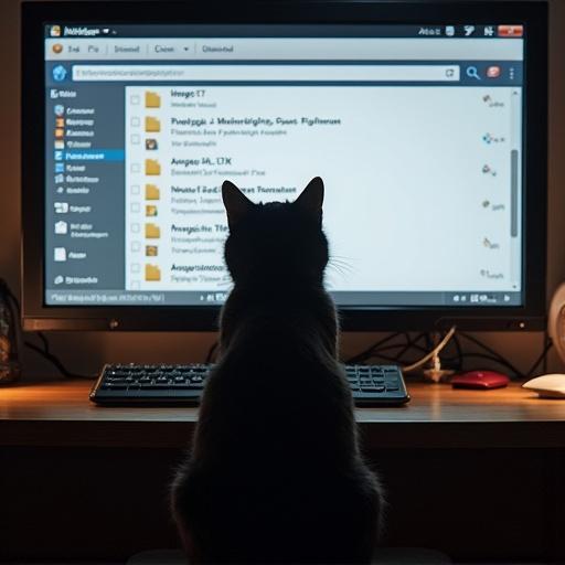 Cat sitting in front of a computer screen displaying a file manager with files and a line named f1zik