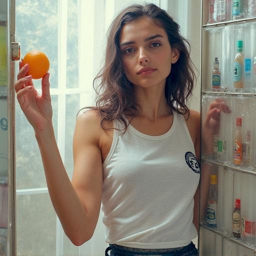 Model holds an orange standing near a window. Modern kitchen decor visible in background. She wears a tank top with a logo. Soft lighting illuminates her face. Cheerful and vibrant scene.