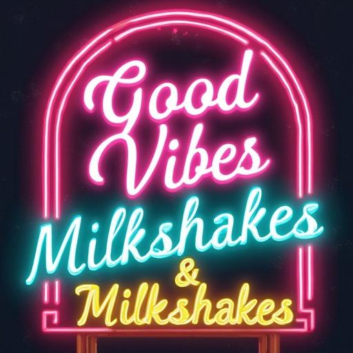 Retro diner-inspired t-shirt design featuring a neon sign with a milkshake and jukebox. Text 'Good Vibes & Milkshakes' in bold font. Colors in pink, teal, yellow, and white. Centered on transparent background with vintage texture. High-resolution graphic for printing.