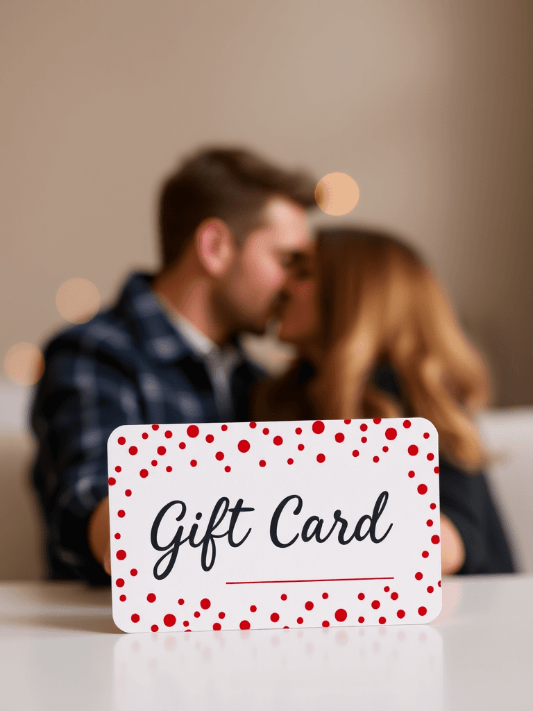 A festive gift card with red polka dots takes center stage, while a blurred couple shares a kiss in the background.