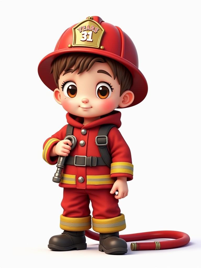 A child in a bright red fireman outfit stands proudly holding a hose. The child has short light brown hair and big brown eyes. The outfit has yellow stripes and a badge with the number 31. The background is plain and white to emphasize the character. The child looks excited to help.