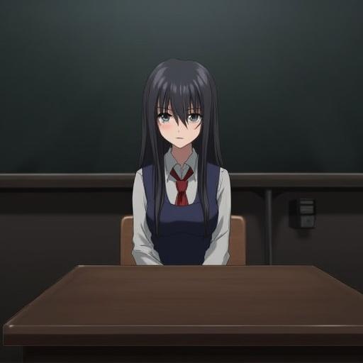 A girl in a teacher outfit sitting behind a school desk under dim lights