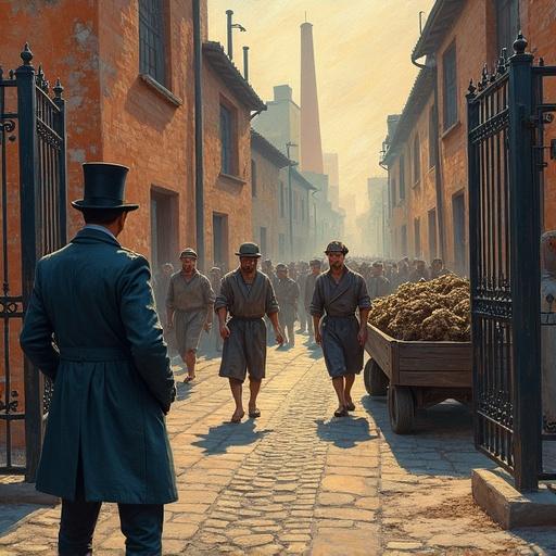 Painting themed on Private Ownership of the Means of Production. Depict industrial courtyard at dawn with wrought-iron gate. Top-hatted owner holds keys to stockpile of factory tools. Soot-stained workers push handcart towards locked tools. Soft lines and smooth color transitions. Artwork resembles handcrafted painting.