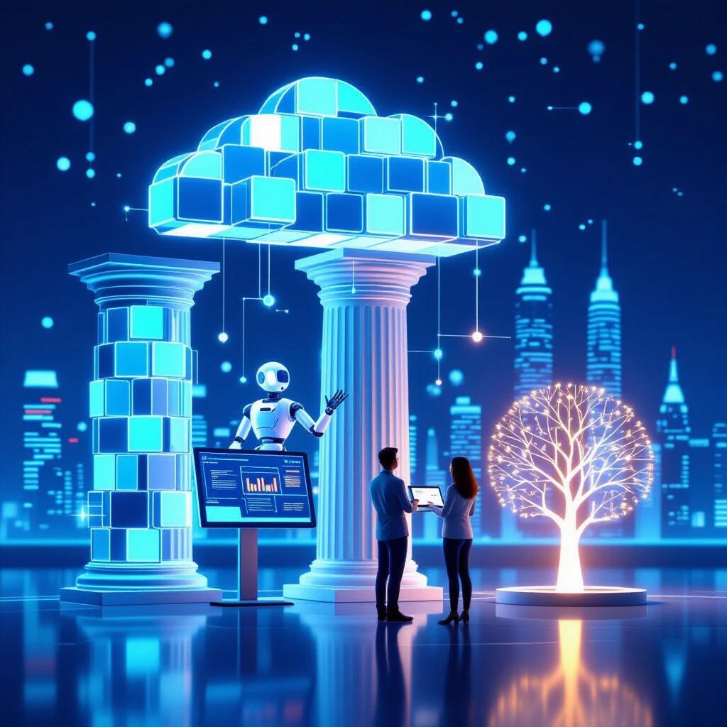 A digital scene featuring luminous pillars a cloud made of blocks a humanoid robot at a screen a person beside a glowing skill tree background a futuristic skyline evoking tech leadership