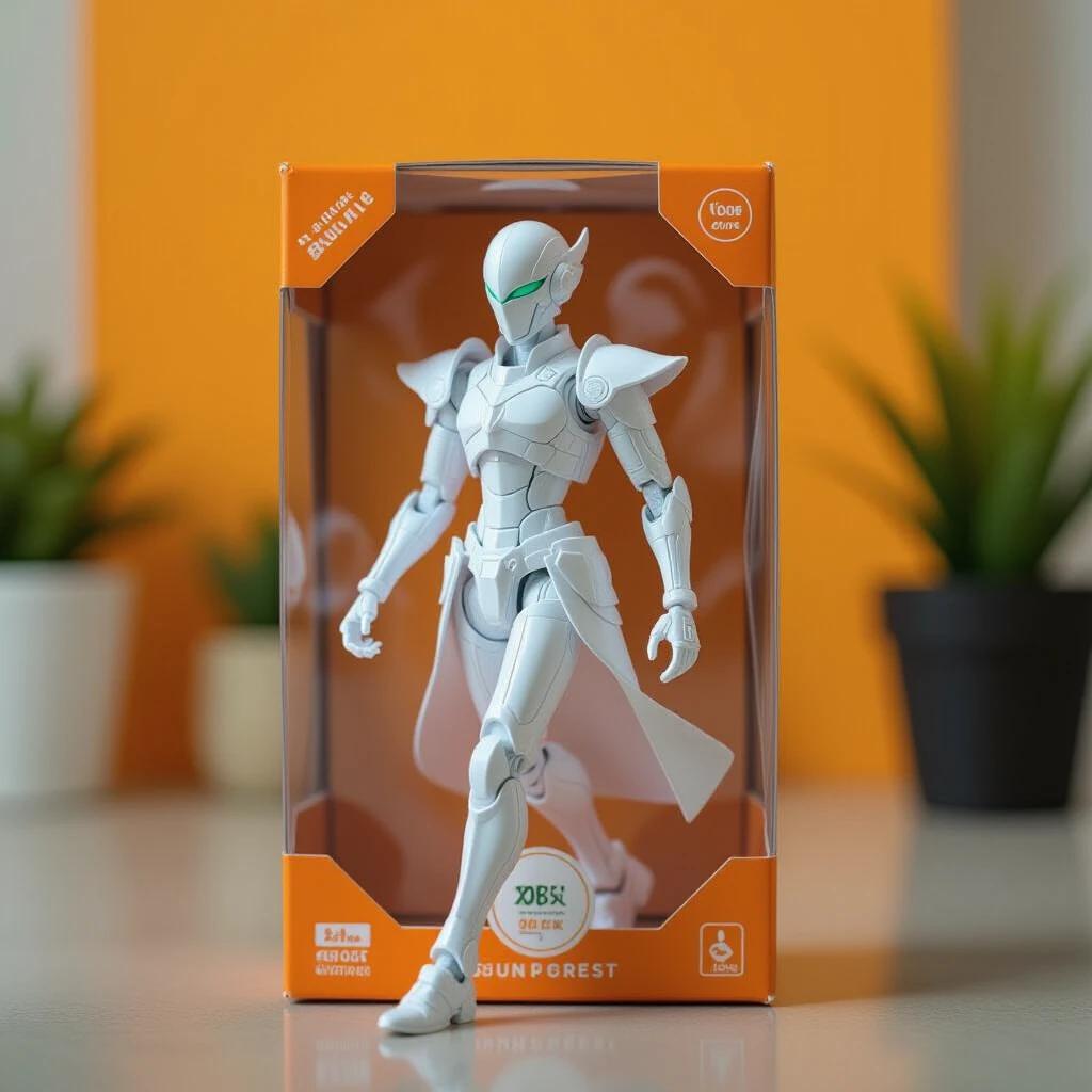 Figure steps out of packaging showcasing intricate design. Smooth strides and arm movements while walking against orange backdrop. Camera zooms out capturing figure's detail and environment.