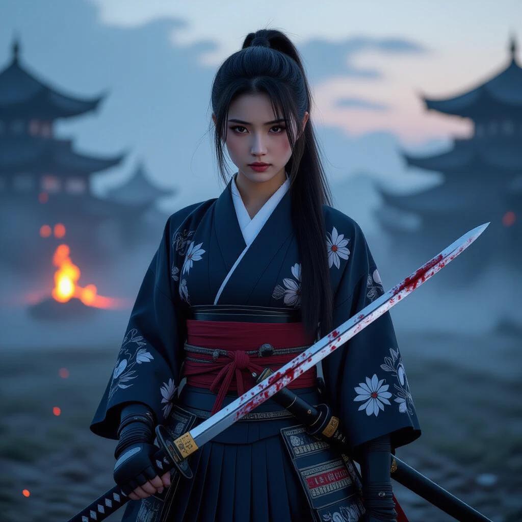 Hyperrealistic portrait of a Japanese high school girl swordswoman. Inspired by Tomoe Gozen. Wearing a modernized school uniform with samurai armor. Holding a blood-stained katana. Standing on a misty battlefield at dusk. Long black hair in a ponytail. Intense and proud expression. Glowing embers in the background.
