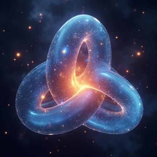 A stunning abstract illustration of a transparent 3D shape resembling intertwined loops. The interior contains a vibrant galaxy with shimmering stars. Background consists of a dark atmospheric space with subtle light effects.