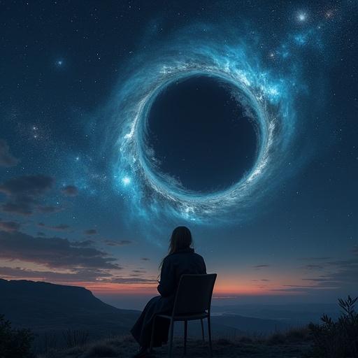 A woman sits on a chair facing a realistic black hole in the night sky. The sky is filled with stars and cosmic elements. A scenic view in the background adds depth to the image.