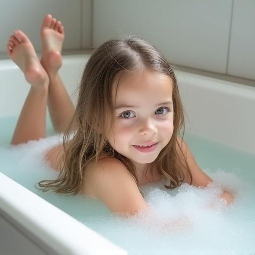 A young girl with long hair lying in a bathtub filled with bubbles. The girl is looking over her shoulder at the camera. Bright natural light fills the bathroom which has a clean aesthetic.