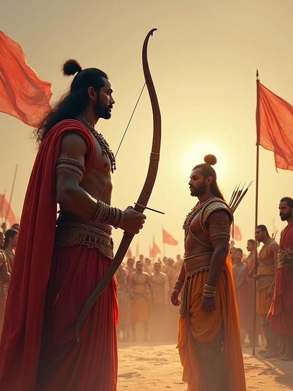 Karna holds his bow facing Arjuna in an arena. The crowd is surprised; Dronacharya and Bhishma look shocked. Arjuna has his bow lowered. Flags are flying in the background and drums are paused. A glow surrounds Karna. Emotional epic moment with rivalry. Mythological illustration in a pixel or painterly style.
