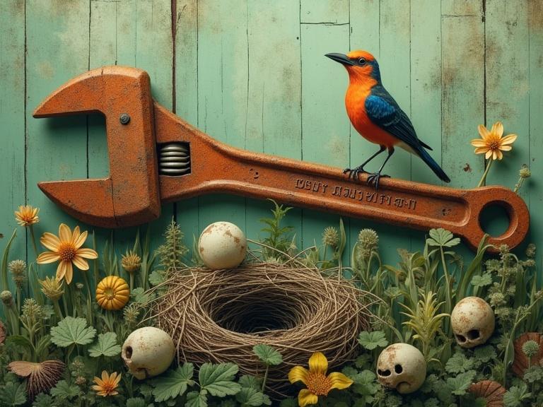 A surreal juxtaposition of nature and industry. A rusted wrench dominates the scene with a colorful bird perched atop. The background features plants, skulls, and fragments of maps, blending organic forms with mechanical elements. Theme of decay and environmental exploitation is apparent.
