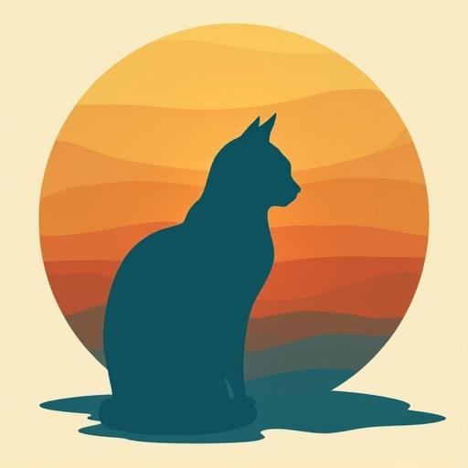 Solid teal blue silhouette of a Ragdoll cat. Nestled within a golden hour scene. Background consists of layered stripes in burnt orange honey gold and pale cream.