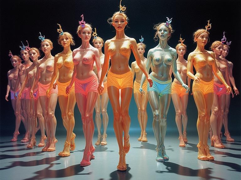 Many anthropomorphic glass and crystal musical notes dancing in a choreographed routine. Notes are in vibrant colors with inner glows. The scene has a metallic luminescent quality.