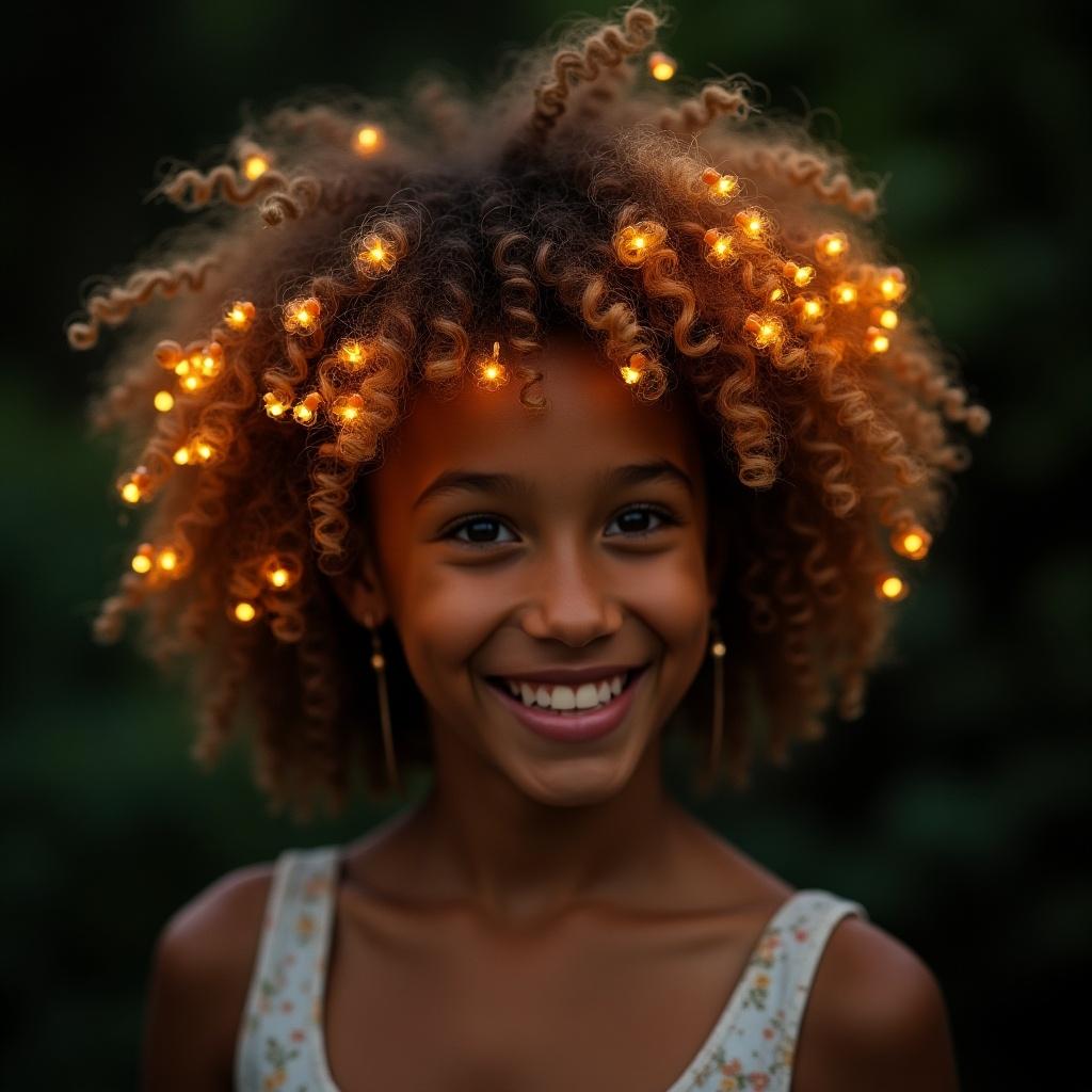 Curly hair adorned with tiny glowing flowers. Soft, warm light emphasizes beauty and creativity.