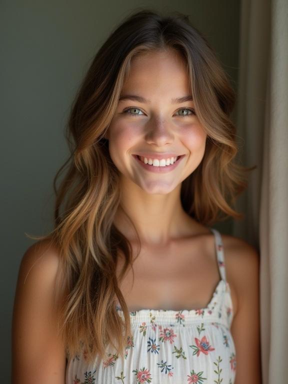 Portrait of a beautiful teenage girl smiling. Natural light enhances the soft features. Focus on her happy expression and natural beauty. Light-colored clothing with floral patterns.