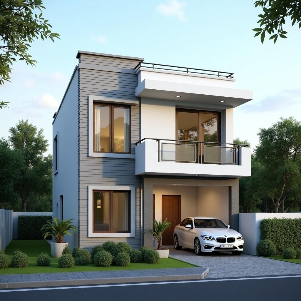 Front elevation design of a 2 BHK house. Modern architecture, featuring a car parked in the garage. Green shrubs and trees around the property.