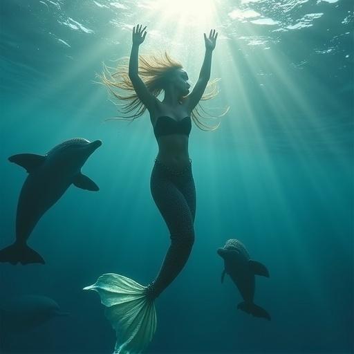 Mermaid performs acrobatics underwater surrounded by dolphins. Realistic front view with cinematic lighting effects. Bright rays of light stream from above.