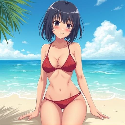 Realistic style illustration of a character in a bikini on the beach with clear skies and ocean waves.