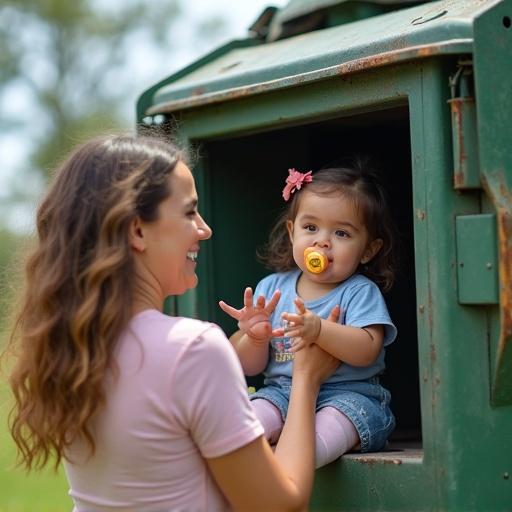 Mother places daughter into garbage truck container. Child holds oversized pacifier. Scene shows playful interaction. Bright sunny day.