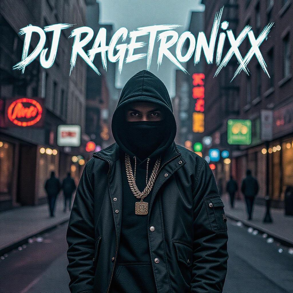 A dark RGB artistic gritty street hip hop album cover. Text included in cool writing: DJ Ragetronixx. The Renegade.