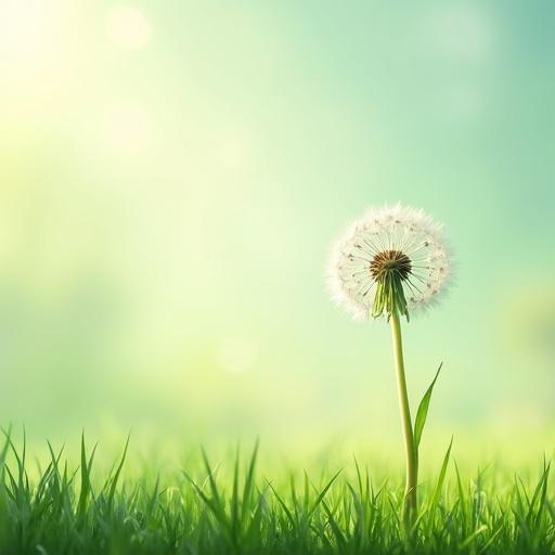 Pastel-like simple picture of a budded dandelion plant in low grass on a lawn in early spring under a bright sunny sky.