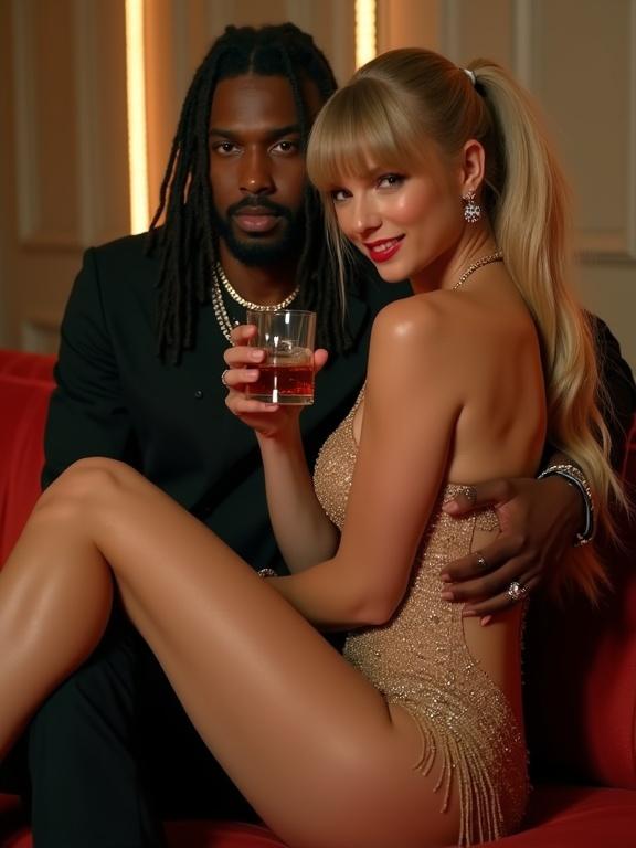 A beautiful woman sitting on a couch with a man at an awards show. She wears a sparkly nude dress and holds a glass of whiskey. The man embraces her from behind. Lighting highlights their features.