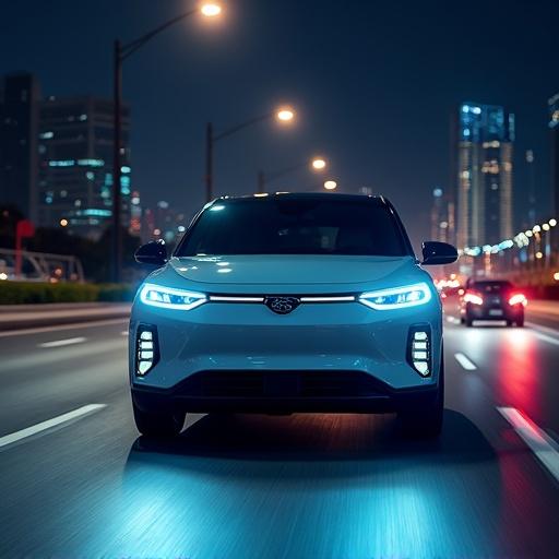 BYD F3 electric car with BYD badge on highway at night. Photorealistic image with detailed headlights and anamorphic flares. Highly detailed and realistic