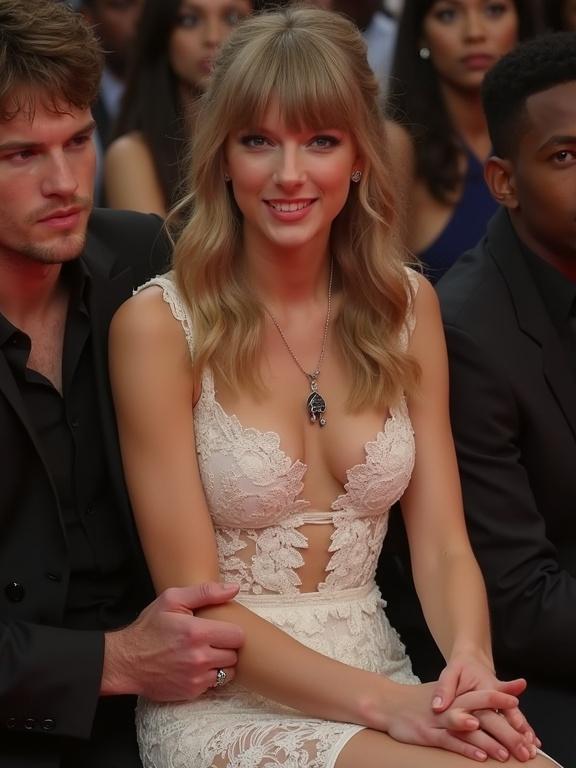 Photorealistic image of a young woman in a lace dress at the Grammy Awards. She is sitting next to a man with a happy expression. The setting features a well-lit background showcasing an awards ceremony.
