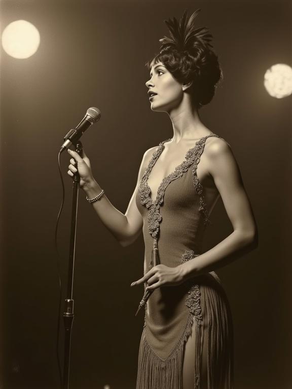 Vintage photograph featuring a stunning singer in a 1920's flapper dress. She stands with a microphone capturing the essence of speakeasy culture. Soft focus vignette simulates early 1900s photography style. Elegant and flirtatious, showcasing hairstyle and accessories characteristic of that era.