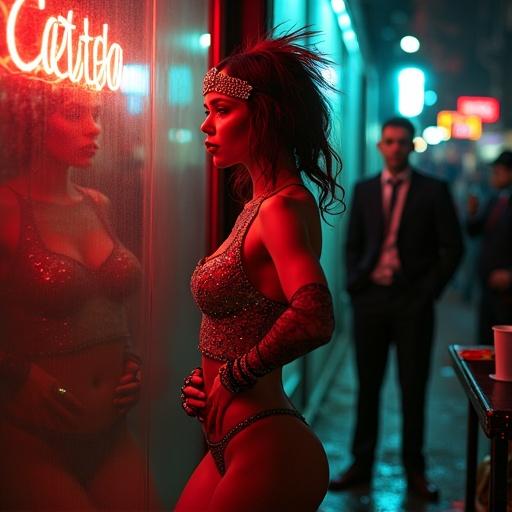A woman performs in a neon-lit alley. She wears a bejeweled headpiece and a fitted bodice. Her body glistens with moisture. A man in a suit watches, his features obscured by shadows. A figure lingers nearby, focusing on her. A vendor's cart is in view. The scene is filled with tension.