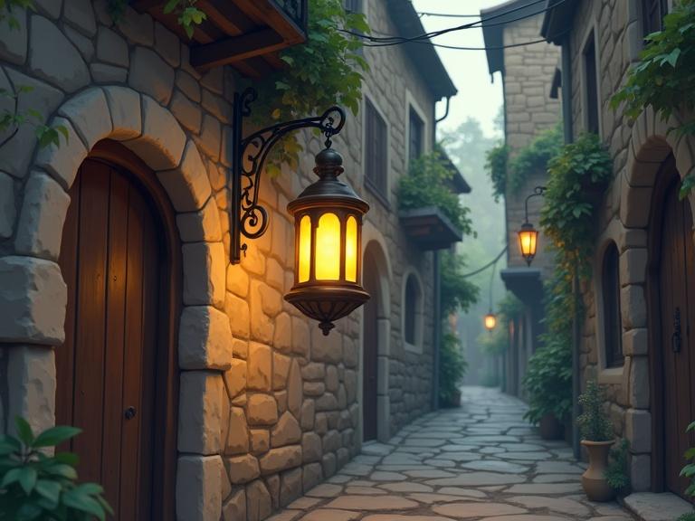 Cartoon scene of an alleyway featuring a stone wall with an antique copper lamp hanging. The lamp is not illuminated.