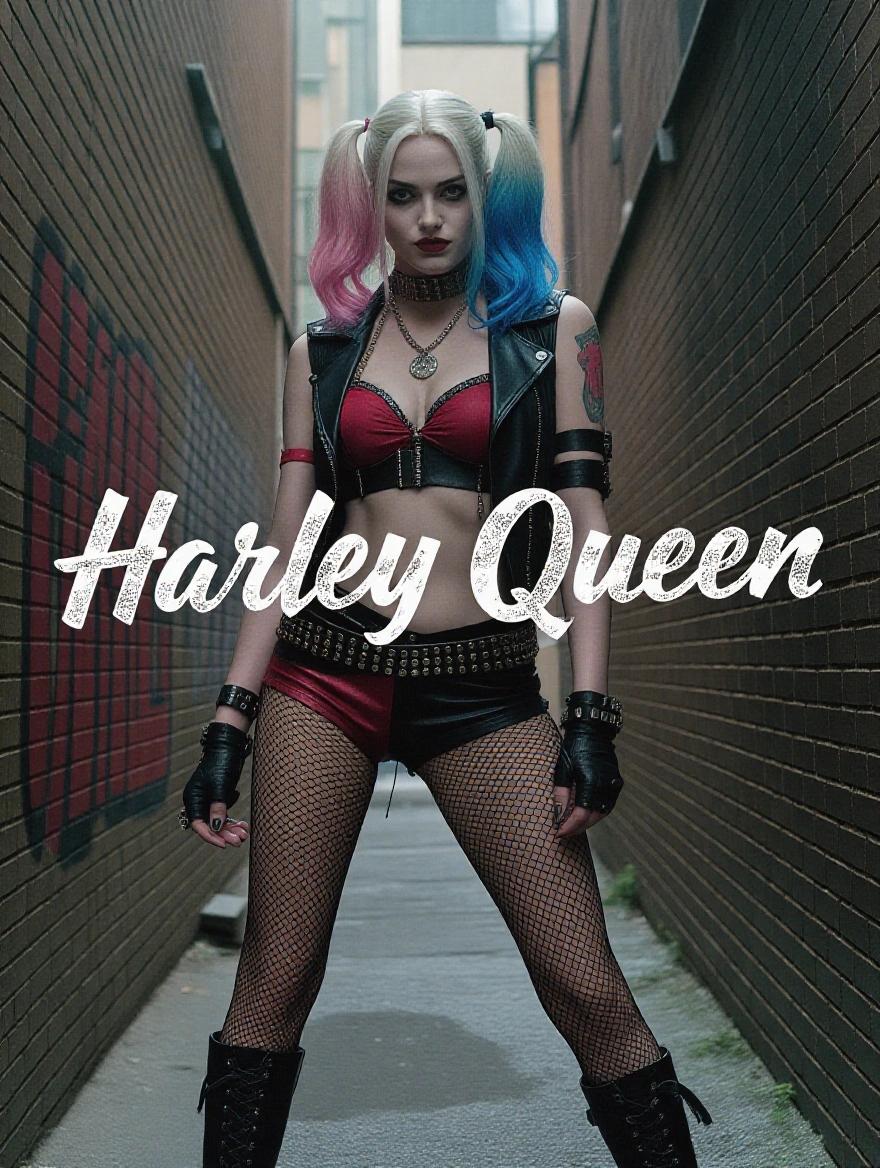 Harley Queen in a gritty city alleyway. Torn fishnets and bold typography overlay. Dynamic lines, dark realism, intense textures. Cinematic film still. Shot with V-Raptor XL. Film grain and vignette effects. Color graded. Stunning lighting. Professional photography.