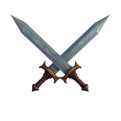 Two swords crossed in an X shape. Swords have a metallic silver color. The handles are detailed with brown and gold accents. Image has a transparent background. Suitable for use as a skill icon in ARPG games.