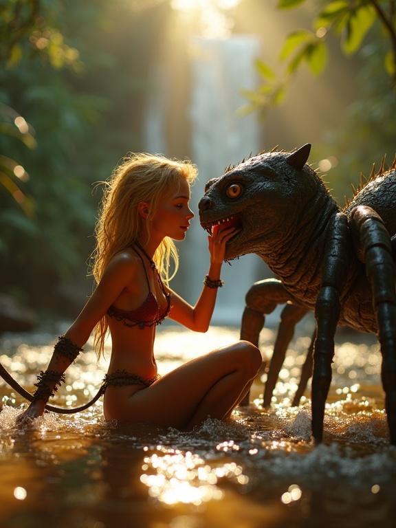 Pixar style illustration of a blonde jungle warrior girl interacting affectionately with a giant spider-like monster in a serene jungle stream. The girl has shiny tanned skin and a tattered loincloth. Sunlight bathes the scene in gold, with a roaring waterfall in the background.
