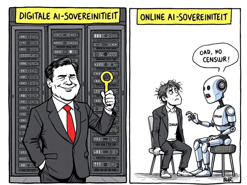 A two-panel political cartoon in a bold hand-drawn satirical style. Left panel shows a smiling politician in a suit holding a golden key in front of a data center. The label reads DIGITAL AI-SOEVEREINITEIT. Right panel features a frustrated cartoonist arguing with a robot moderator with CENSUUR on its chest. The label reads ONLINE AI-SOEVEREINITEIT.