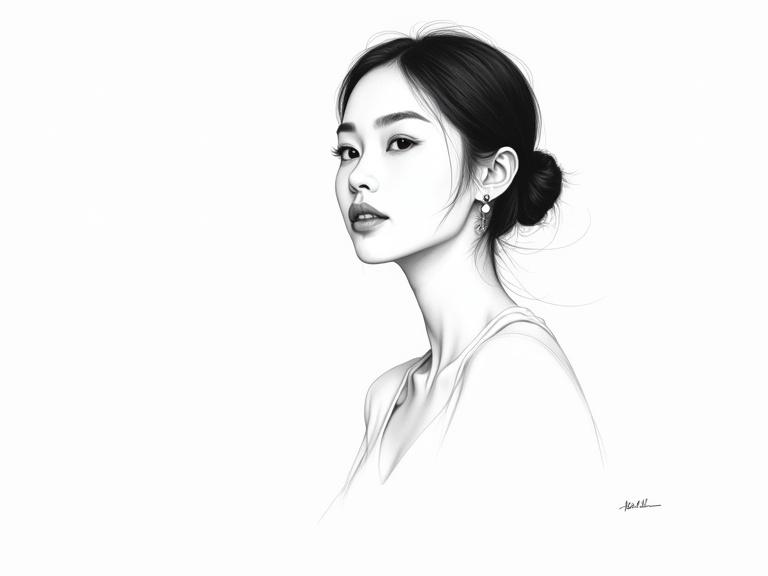 Minimalist line art portrait. Subject features delicate attributes. Monochrome color scheme. Elegant and modern style. Gentle expression conveyed through facial features.