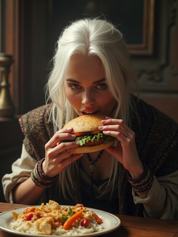 A photograph features a character resembling Ciri from a fantasy series eating a large sandwich. The scene is set at a wooden table with various food items presented, emphasizing a cozy dining atmosphere. The character has long white hair, wears medieval clothing, and looks engaged with the sandwich.