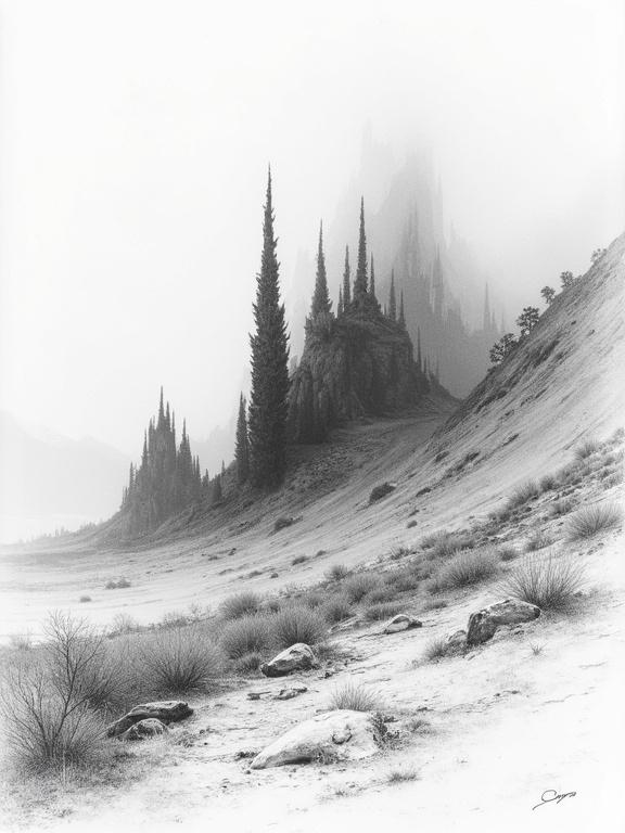 Intricate pencil sketch line art of a misty landscape featuring tall trees and a rocky foreground. The scene is monochrome and highly detailed, creating a harmonious and ethereal atmosphere.