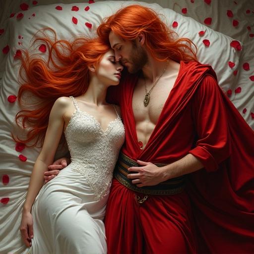 Semirealistic art of a couple lying in bed. Intense young woman with ginger hair in a wedding dress. Tall man with long crimson hair in an open red elven outfit. They are touching and creating a mystical atmosphere. There are red petals in the air. Feelings of passion and mystery are present. The scene is enhanced by vibrant colors and magical elements.
