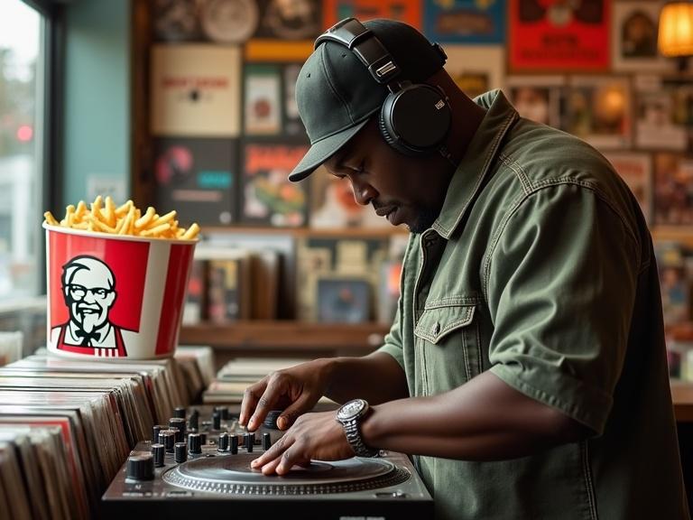 A DJ stands in a record store playing vinyl records. Equipped with high-quality headphones. A large KFC bucket rests nearby. Various albums are displayed around. Warm lighting enhances the scene.