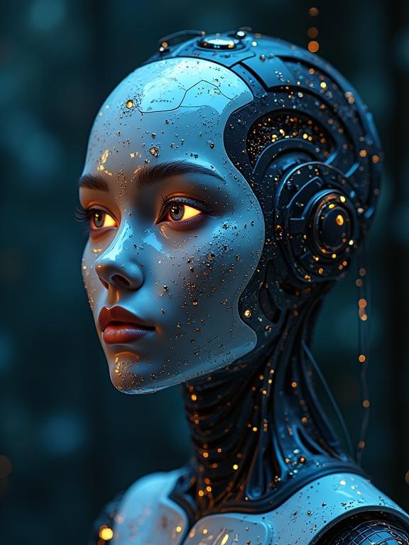 A stunning digital portrait of a humanoid robot. The head is elegantly designed, showcasing intricate details with its surface shimmering. The colors are mainly blue and silver, illuminated by soft lighting that highlights its features.