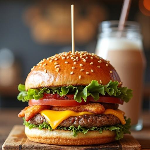Create an image of a menu card for a burger restaurant. It should display items and prices in Danish. Include: Cheese burger 105kr Double cheese burger 115kr Chicken burger 105kr Loaded fries 60kr Milkshake 70kr.