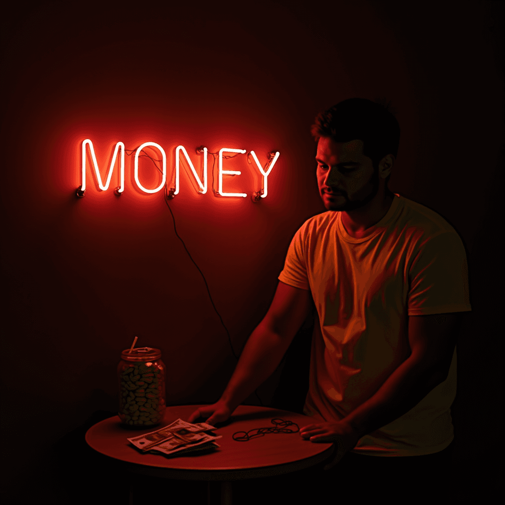 A person stands in dim light under a neon sign that says 'MONEY,' next to a table with cash and a jar.